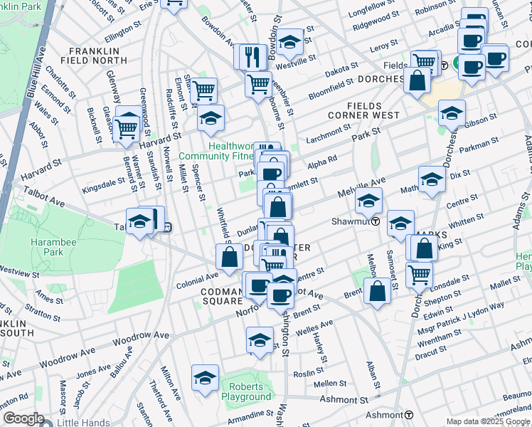 map of restaurants, bars, coffee shops, grocery stores, and more near 19 Wheatland Avenue in Boston