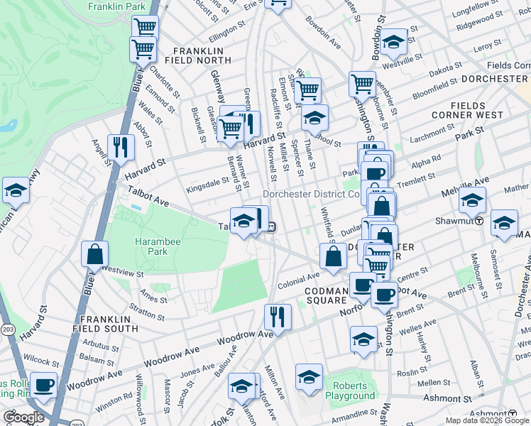 map of restaurants, bars, coffee shops, grocery stores, and more near 1 Westcott Street in Boston