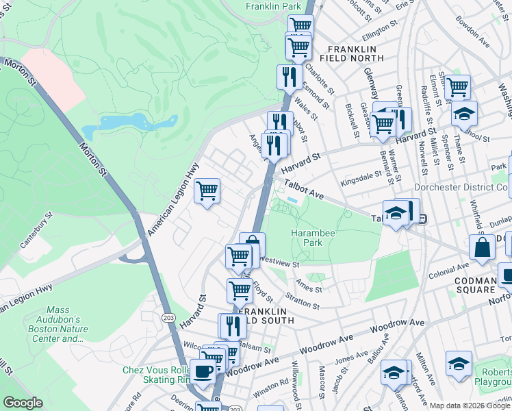 map of restaurants, bars, coffee shops, grocery stores, and more near 301 Harvard Street in Boston
