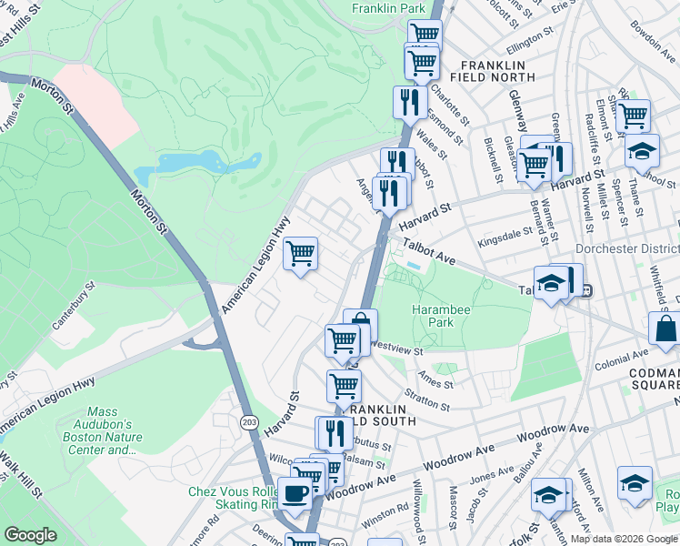 map of restaurants, bars, coffee shops, grocery stores, and more near 301 Harvard Street in Boston