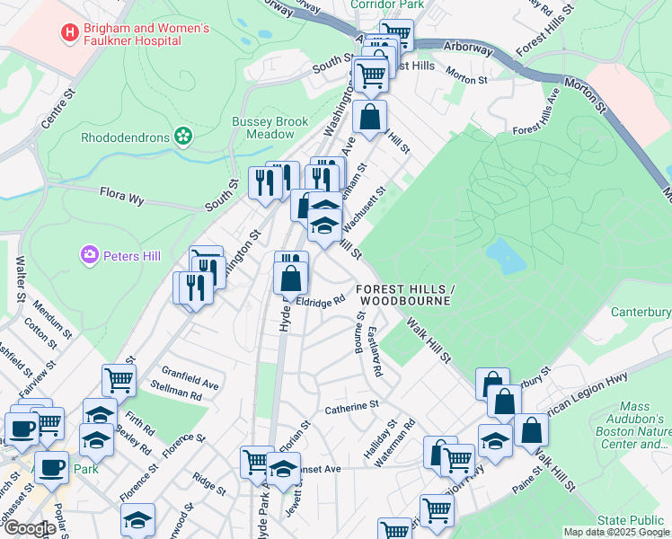 map of restaurants, bars, coffee shops, grocery stores, and more near 51-53 Walk Hill Street in Boston