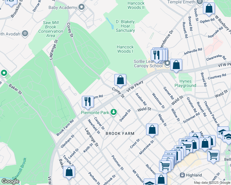 map of restaurants, bars, coffee shops, grocery stores, and more near 18 Keane Road in Boston