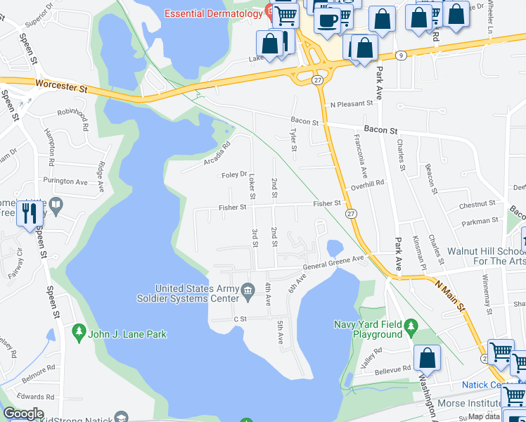 map of restaurants, bars, coffee shops, grocery stores, and more near 32 2nd Street in Natick