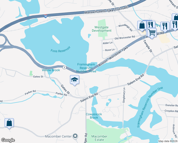 map of restaurants, bars, coffee shops, grocery stores, and more near 1558 Worcester Road in Framingham