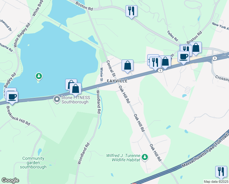 map of restaurants, bars, coffee shops, grocery stores, and more near 84 Massachusetts 9 in Southborough