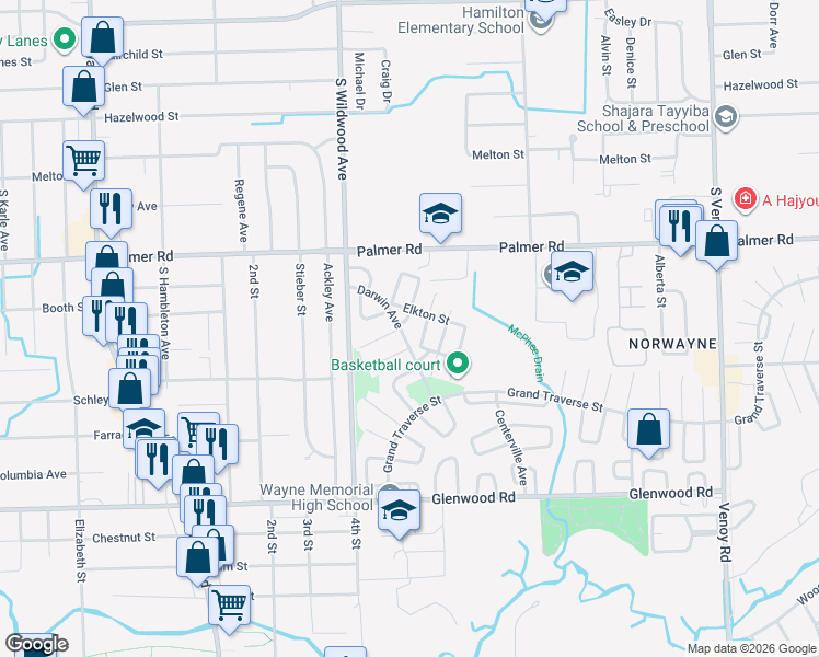 map of restaurants, bars, coffee shops, grocery stores, and more near 2106 Edgerton Court in Westland