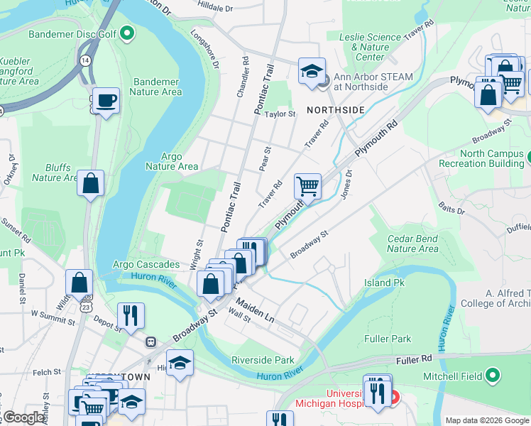 map of restaurants, bars, coffee shops, grocery stores, and more near 1400 Traver Road in Ann Arbor