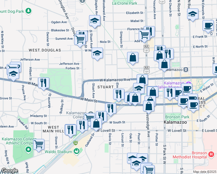 map of restaurants, bars, coffee shops, grocery stores, and more near 324 Woodward Avenue in Kalamazoo
