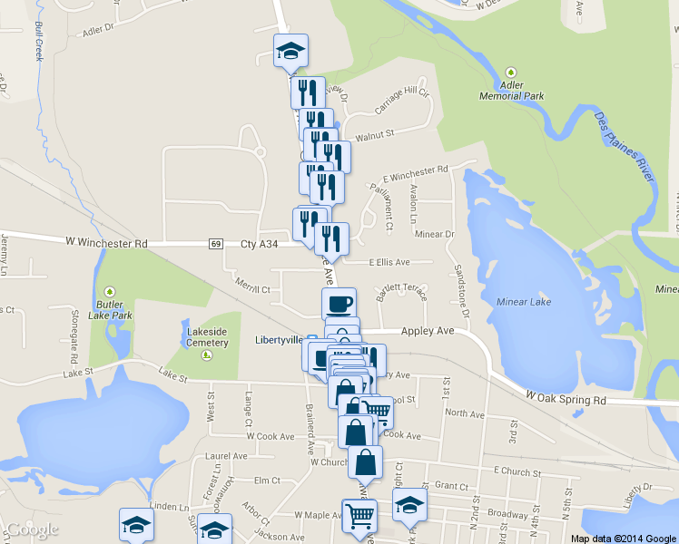 map of restaurants, bars, coffee shops, grocery stores, and more near 122 East Winchester Road in Libertyville
