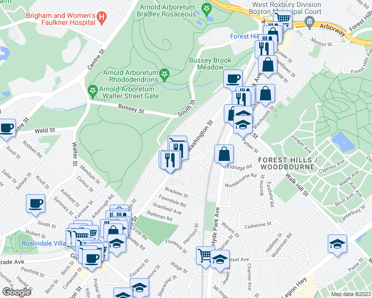 map of restaurants, bars, coffee shops, grocery stores, and more near 3969 Washington Street in Boston
