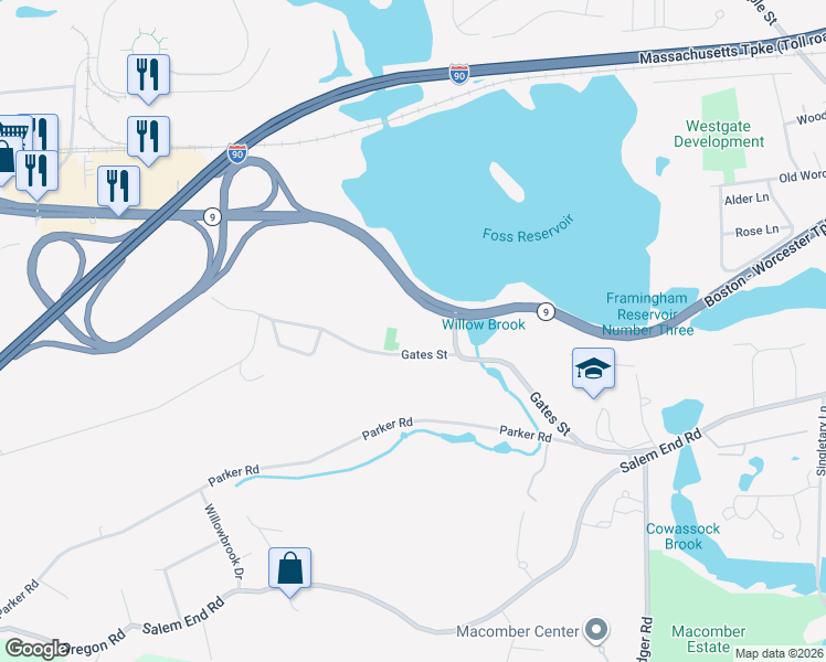 map of restaurants, bars, coffee shops, grocery stores, and more near 1610 Worcester Road in Framingham