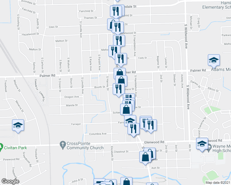 map of restaurants, bars, coffee shops, grocery stores, and more near 2074 South Wayne Road in Westland