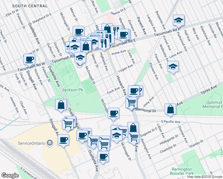 map of restaurants, bars, coffee shops, grocery stores, and more near 422 Foch Avenue in Windsor