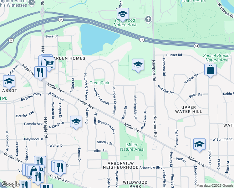 map of restaurants, bars, coffee shops, grocery stores, and more near 1347 Wines Drive in Ann Arbor