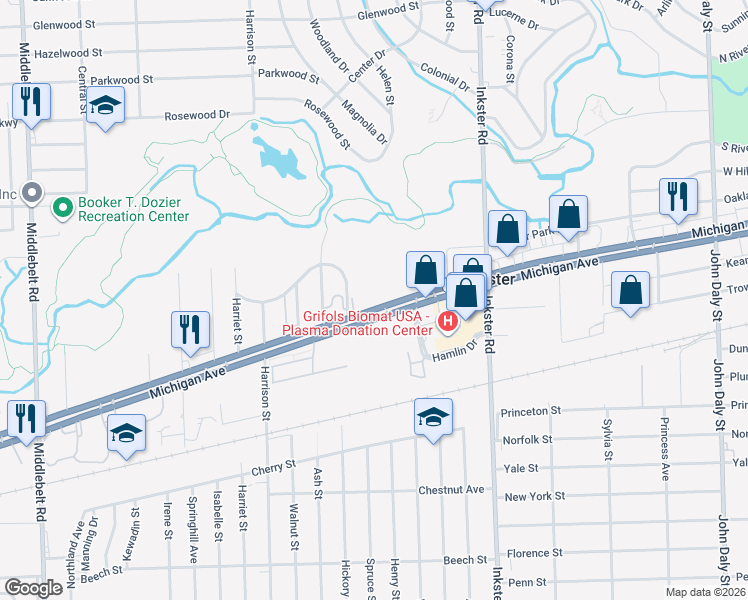 map of restaurants, bars, coffee shops, grocery stores, and more near 27800 Michigan Avenue in Inkster