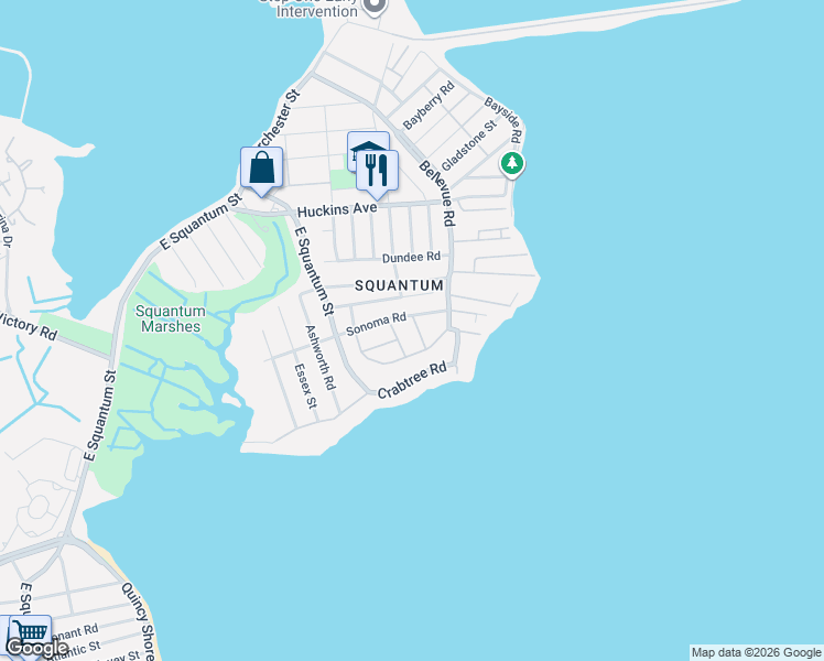 map of restaurants, bars, coffee shops, grocery stores, and more near 18 Livesey Road in Quincy