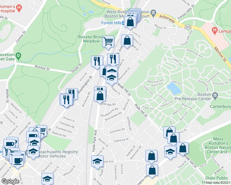 map of restaurants, bars, coffee shops, grocery stores, and more near 51 Patten Street in Boston