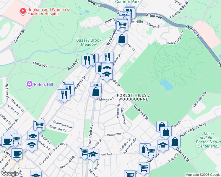 map of restaurants, bars, coffee shops, grocery stores, and more near 51-53 Walk Hill Street in Boston