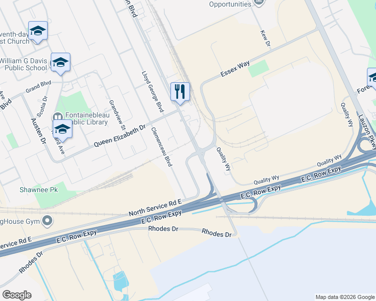 map of restaurants, bars, coffee shops, grocery stores, and more near 3215 Jefferson Boulevard in Windsor