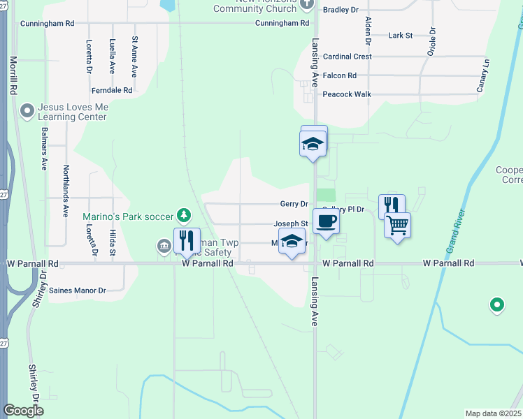 map of restaurants, bars, coffee shops, grocery stores, and more near 1322 Gerry Drive in Jackson