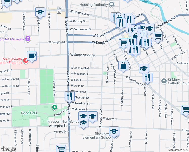 map of restaurants, bars, coffee shops, grocery stores, and more near 650 West Pleasant Street in Freeport