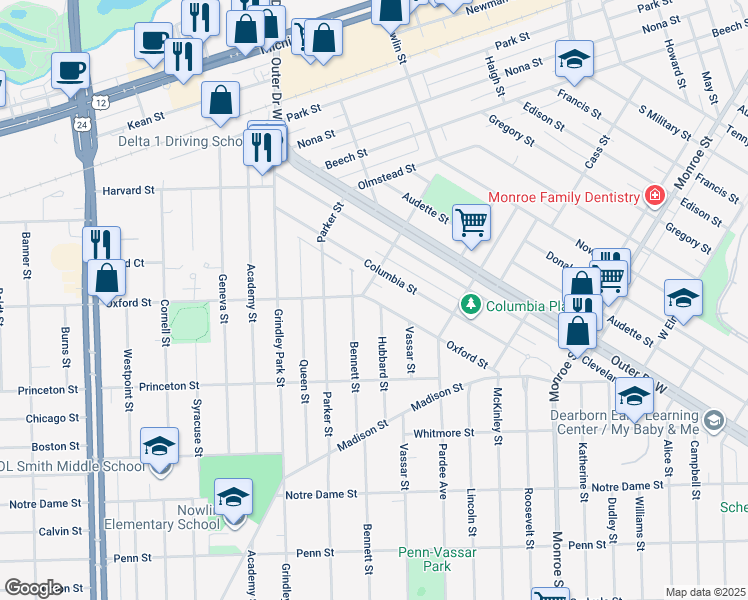 map of restaurants, bars, coffee shops, grocery stores, and more near 22920 Oxford Street in Dearborn