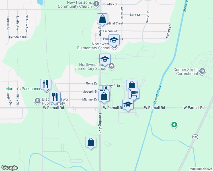 map of restaurants, bars, coffee shops, grocery stores, and more near Gallery Place Drive in Jackson
