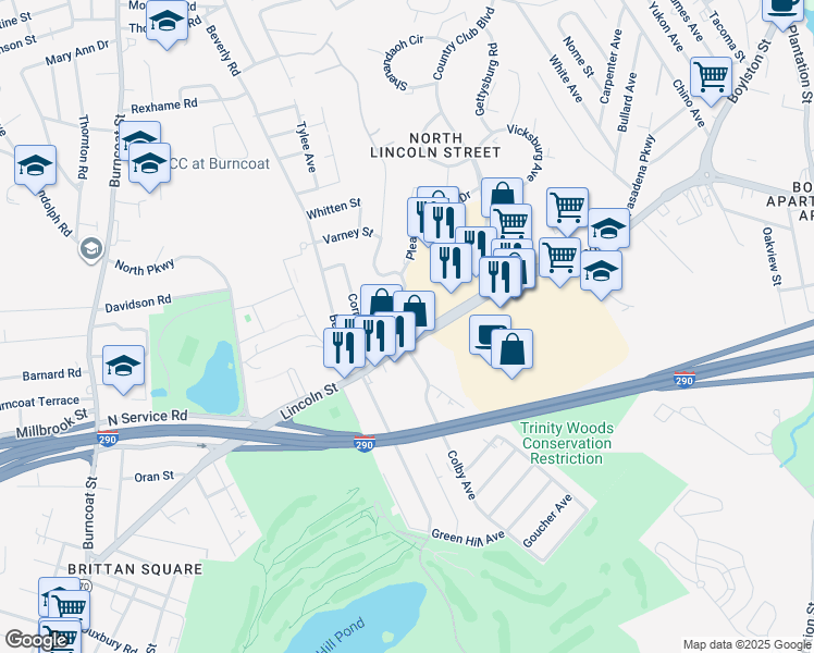 map of restaurants, bars, coffee shops, grocery stores, and more near 6 Goldthwaite Road in Worcester
