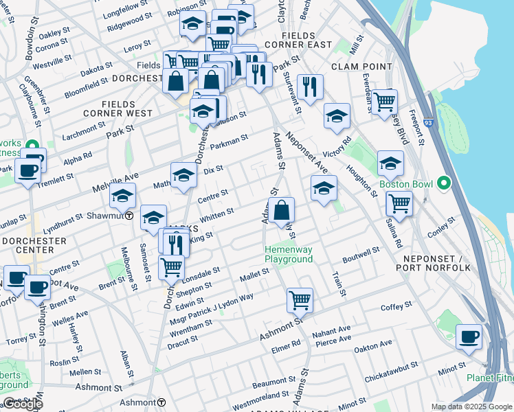 map of restaurants, bars, coffee shops, grocery stores, and more near 64 Whitten Street in Boston