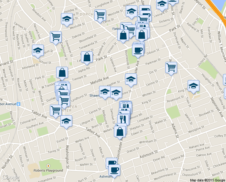 map of restaurants, bars, coffee shops, grocery stores, and more near 24 Mather Street in Boston