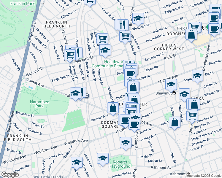 map of restaurants, bars, coffee shops, grocery stores, and more near 52 West Tremlett Street in Boston