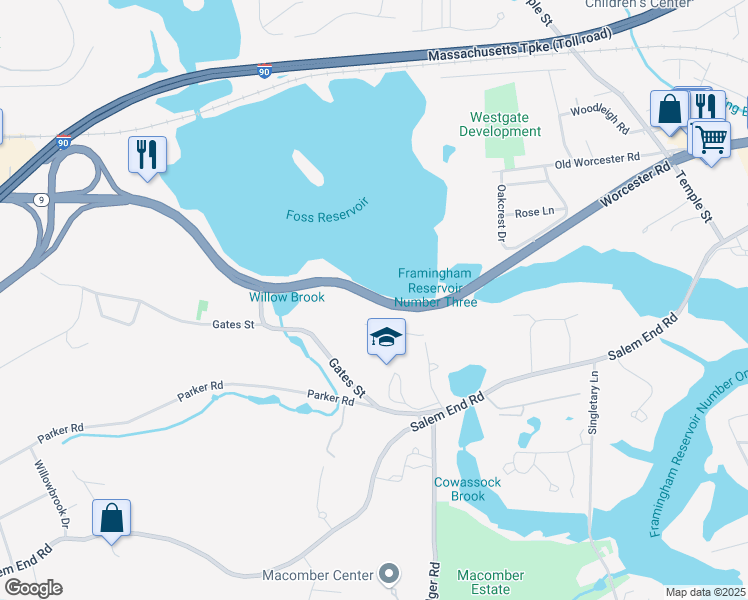 map of restaurants, bars, coffee shops, grocery stores, and more near 1550 Worcester Road in Framingham