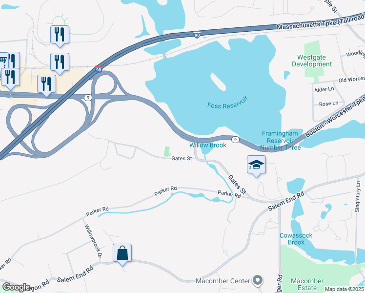 map of restaurants, bars, coffee shops, grocery stores, and more near in Framingham