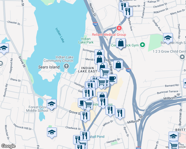 map of restaurants, bars, coffee shops, grocery stores, and more near 8 Hastings Avenue in Worcester