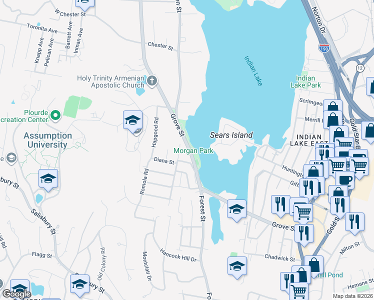 map of restaurants, bars, coffee shops, grocery stores, and more near 581 Grove Street in Worcester