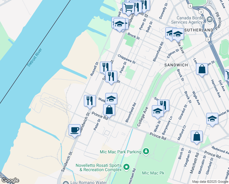 map of restaurants, bars, coffee shops, grocery stores, and more near in Windsor