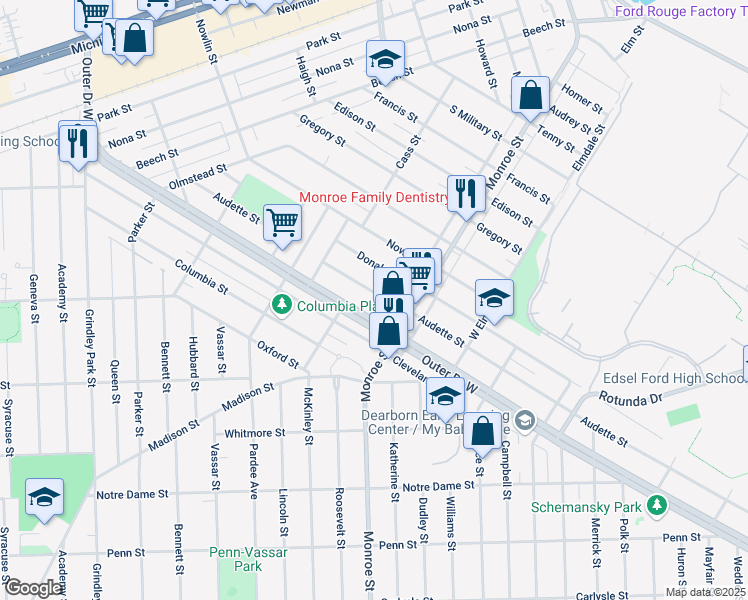 map of restaurants, bars, coffee shops, grocery stores, and more near 22155 Audette Street in Dearborn