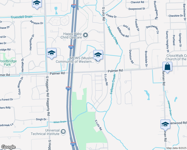 map of restaurants, bars, coffee shops, grocery stores, and more near 40475 Palmer Road in Canton