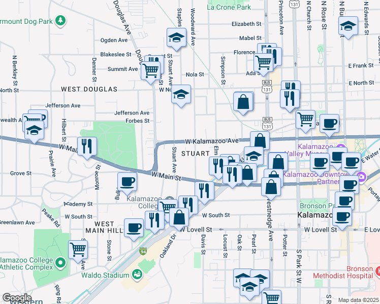 map of restaurants, bars, coffee shops, grocery stores, and more near 324 Woodward Avenue in Kalamazoo