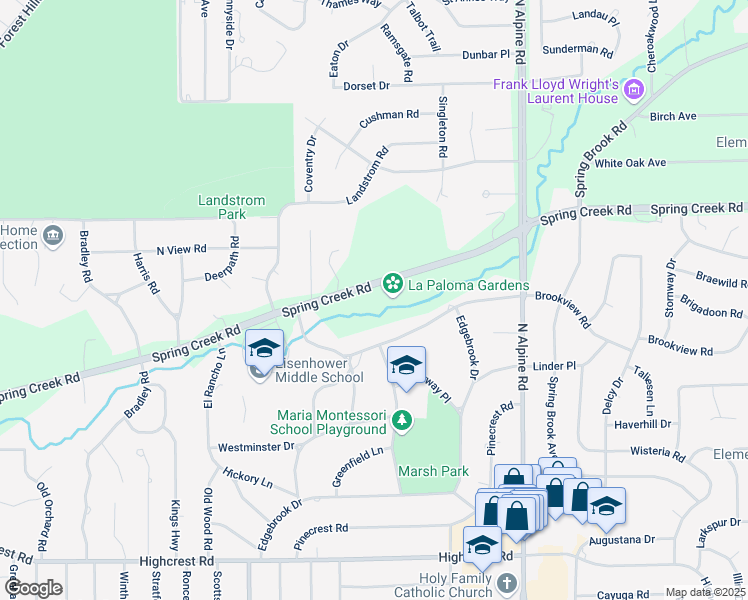 map of restaurants, bars, coffee shops, grocery stores, and more near 39 Spring Creek Road in Rockford
