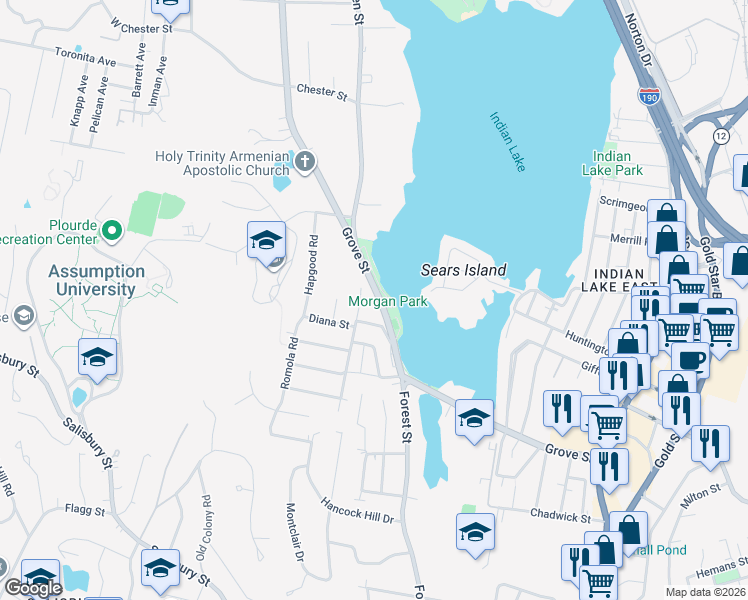 map of restaurants, bars, coffee shops, grocery stores, and more near 581 Grove Street in Worcester