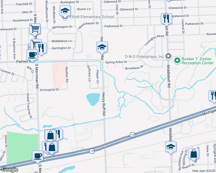 map of restaurants, bars, coffee shops, grocery stores, and more near 2555 Henry Ruff Road in Inkster