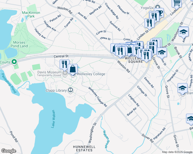 map of restaurants, bars, coffee shops, grocery stores, and more near 106 Central Street in Wellesley