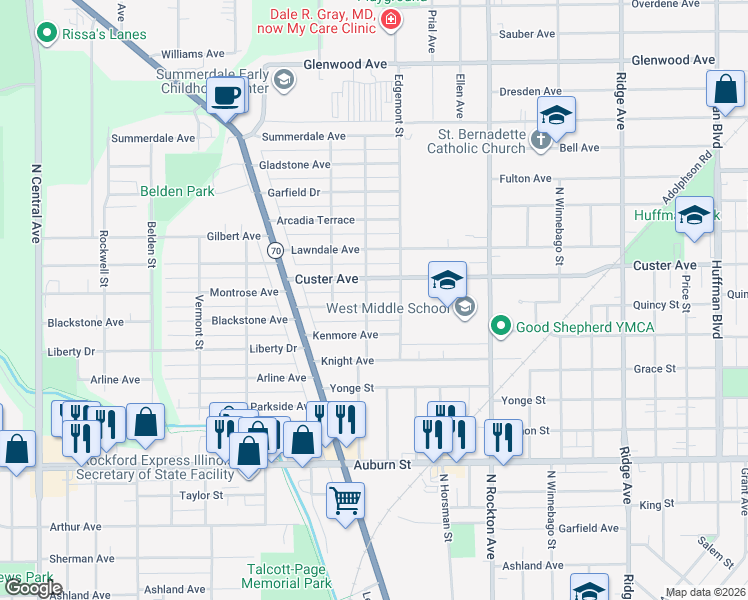 map of restaurants, bars, coffee shops, grocery stores, and more near 2820 Custer Avenue in Rockford