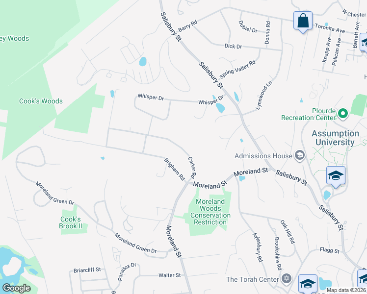 map of restaurants, bars, coffee shops, grocery stores, and more near 18 Carter Road in Worcester