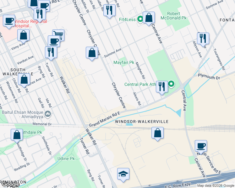map of restaurants, bars, coffee shops, grocery stores, and more near 5 Chrysler Centre in Windsor
