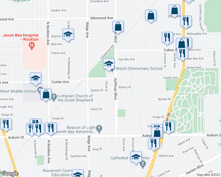 map of restaurants, bars, coffee shops, grocery stores, and more near 1815 Quincy Street in Rockford
