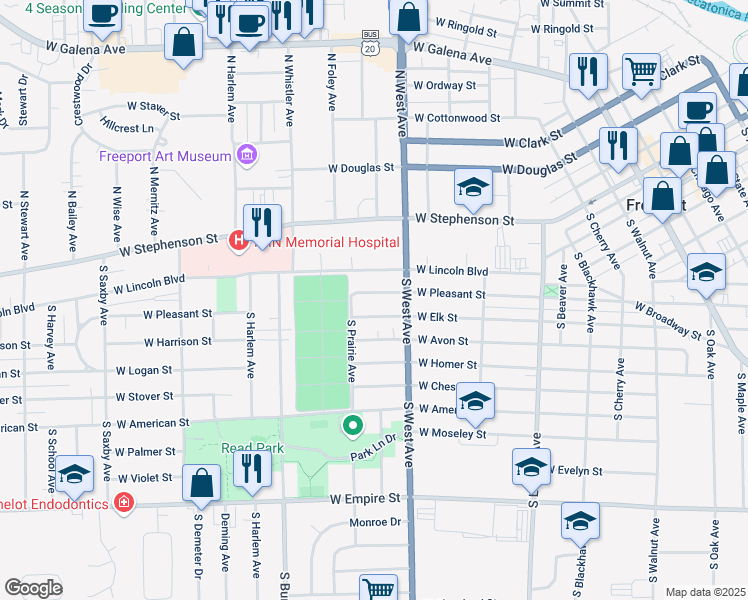 map of restaurants, bars, coffee shops, grocery stores, and more near 856 West Pleasant Street in Freeport