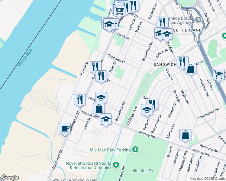 map of restaurants, bars, coffee shops, grocery stores, and more near 3529 Queen Street in Windsor