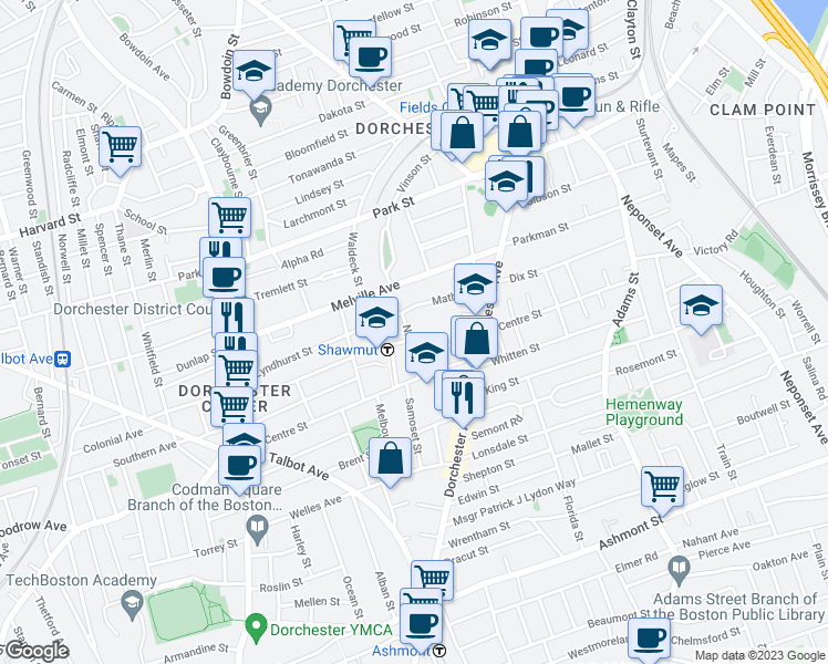 map of restaurants, bars, coffee shops, grocery stores, and more near 20 Nixon Street in Boston